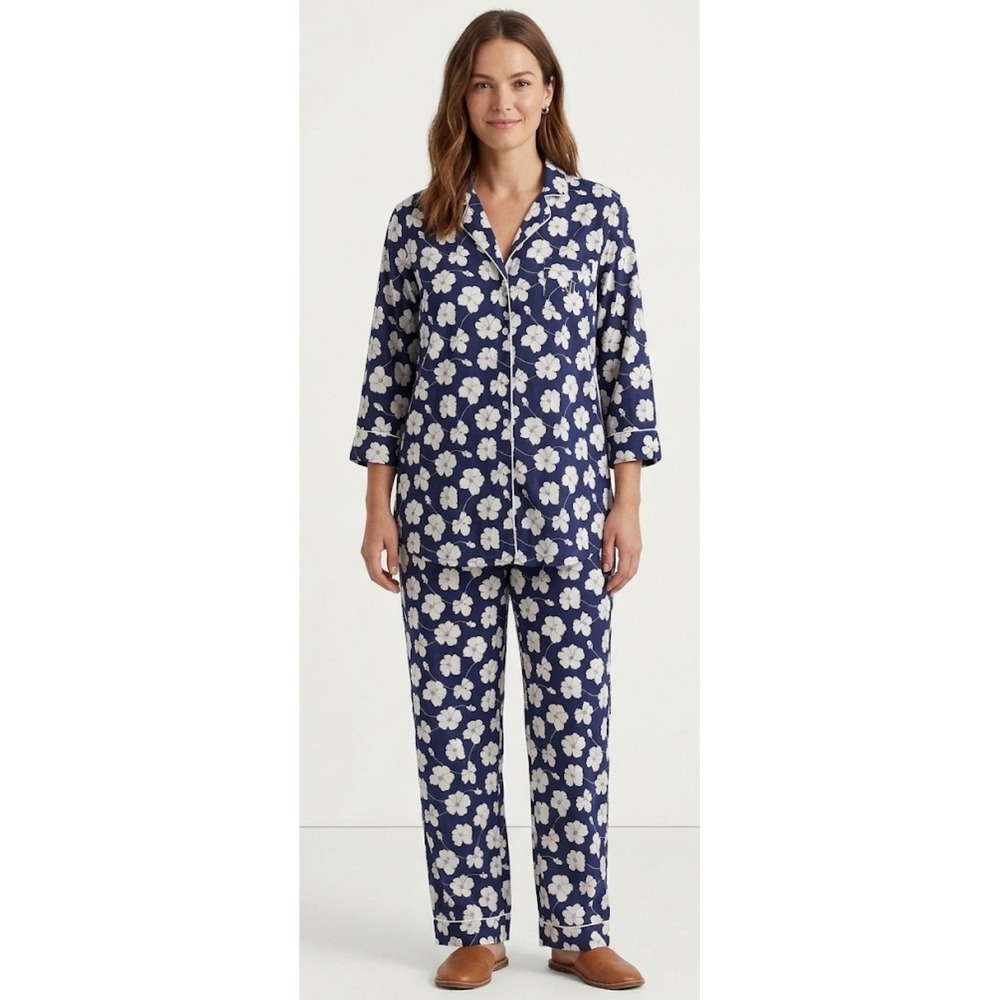 Lauren Ralph Lauren Womens Navy Floral Pajama Top‎ Sleep Shirt Monogram Small